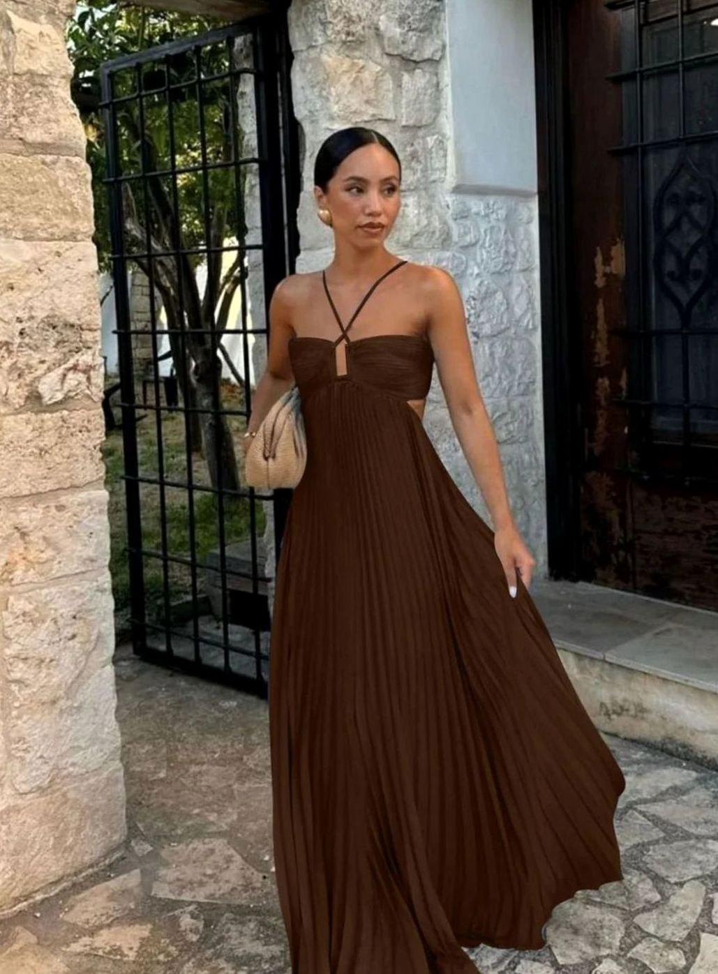 Women's Pleated Halter-Neck Side Cut-Out Maxi Dress - Brown