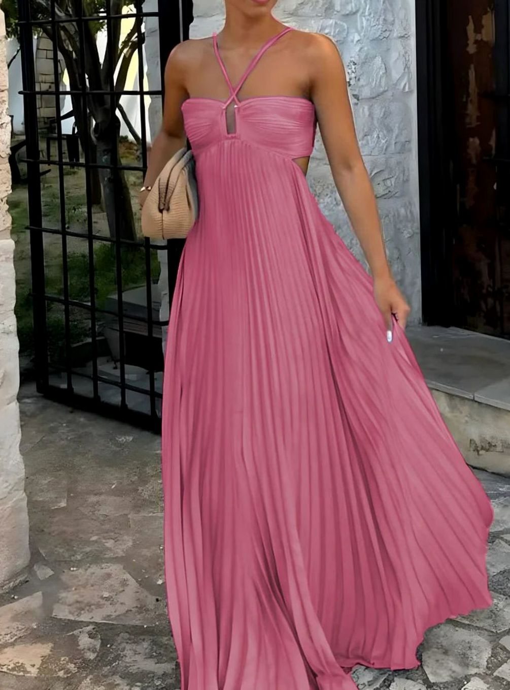 Women's Pleated Halter-Neck Side Cut-Out Maxi Dress - Pink
