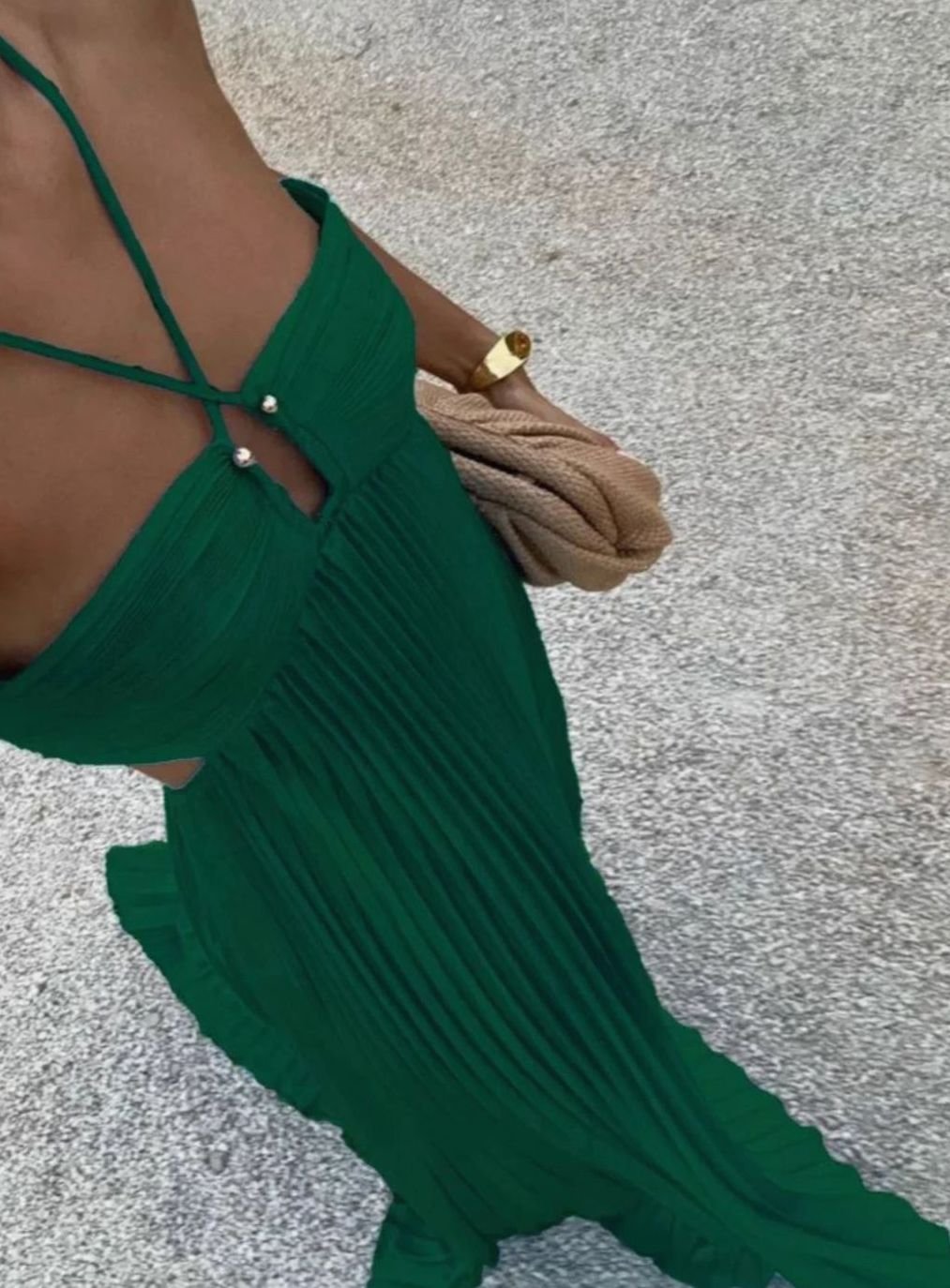 Women's Pleated Halter-Neck Side Cut-Out Maxi Dress - Green