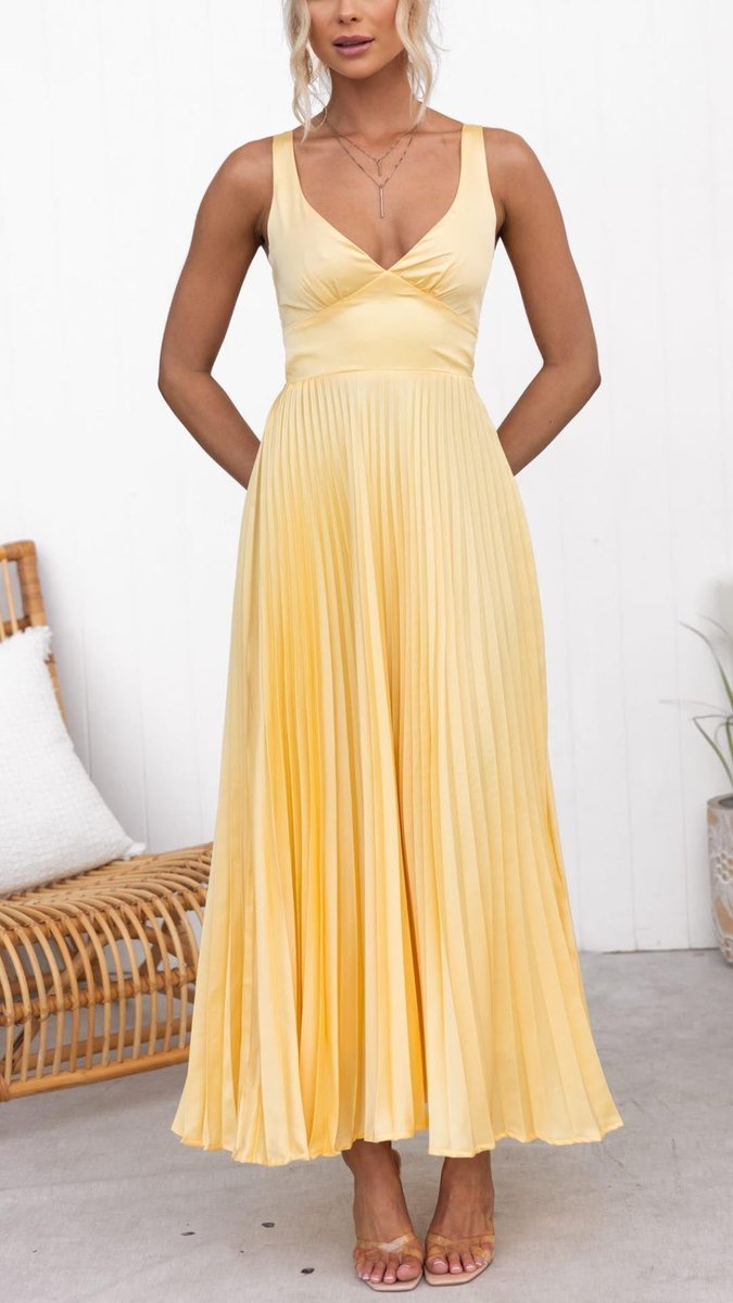 Women's Pleated Maxi V Neck Dress Sleeveless A-Line