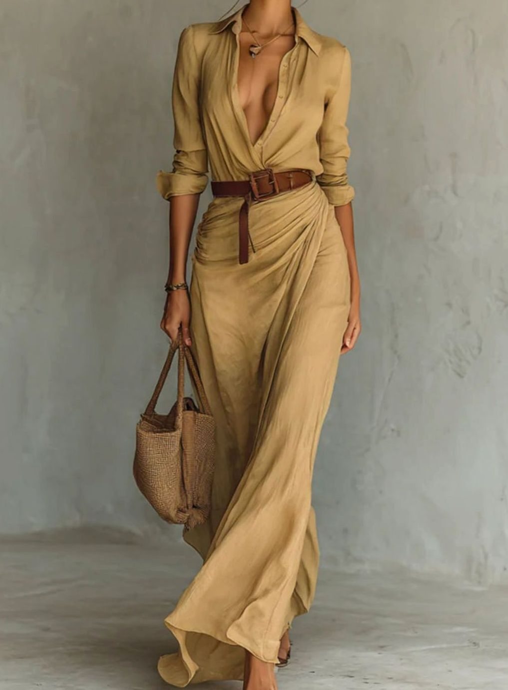 Women's Plunge V-Neck Belted Long-Sleeve Shirt Maxi Dress - Brown