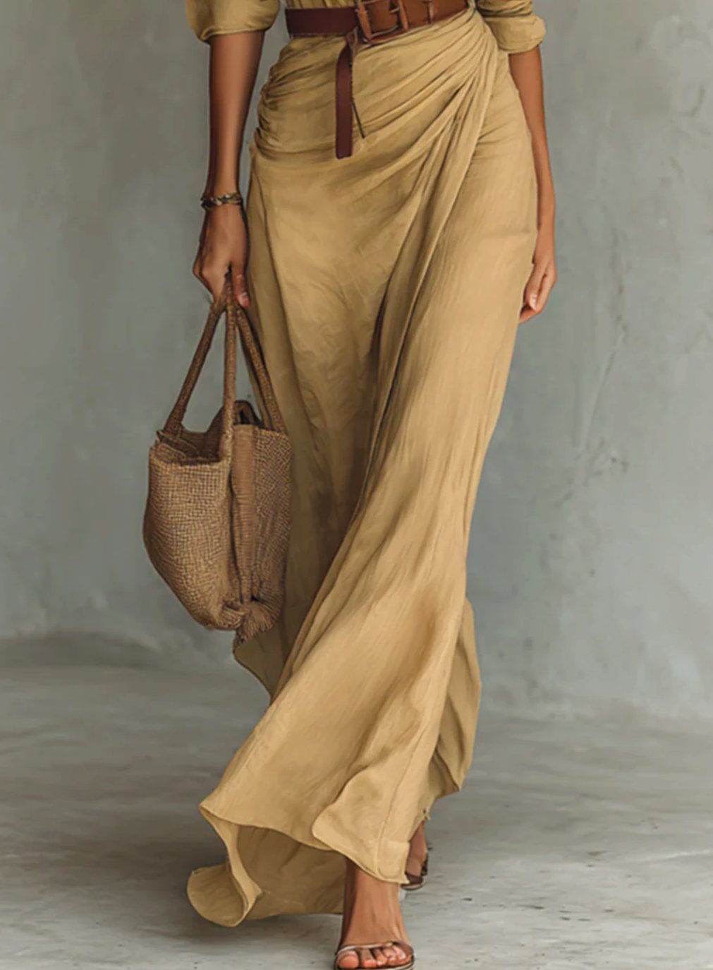 Women's Plunge V-Neck Belted Long-Sleeve Shirt Maxi Dress