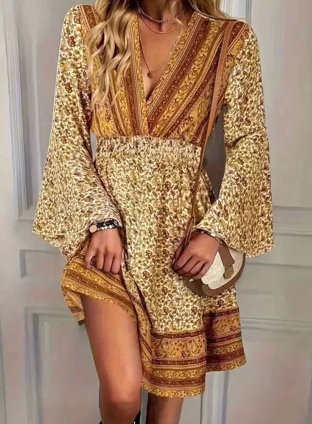Women's Plus Size Boho Mini Dress Bell Sleeve V-Neck Gold Print