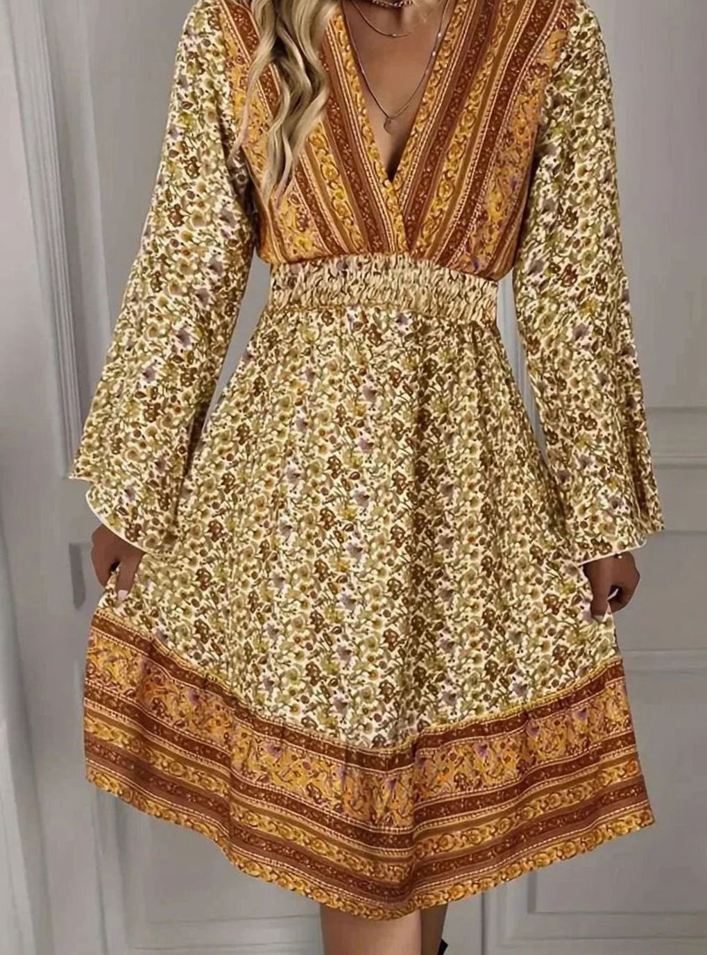 Women's Plus Size Boho Mini Dress Bell Sleeve V-Neck Gold Print