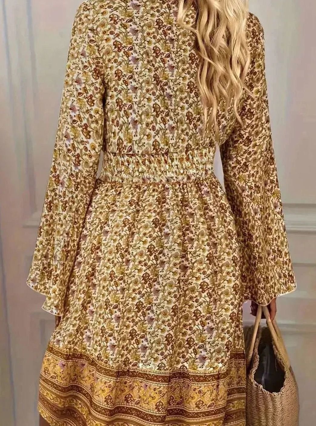 Women's Plus Size Boho Mini Dress Bell Sleeve V-Neck Gold Print