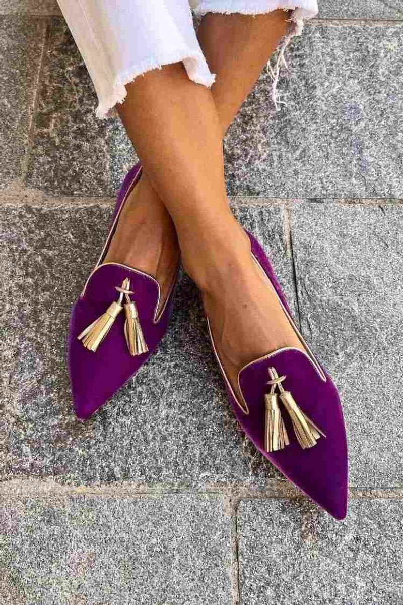 Women's Pointed-Toe Gold Tassel Suede Loafers
