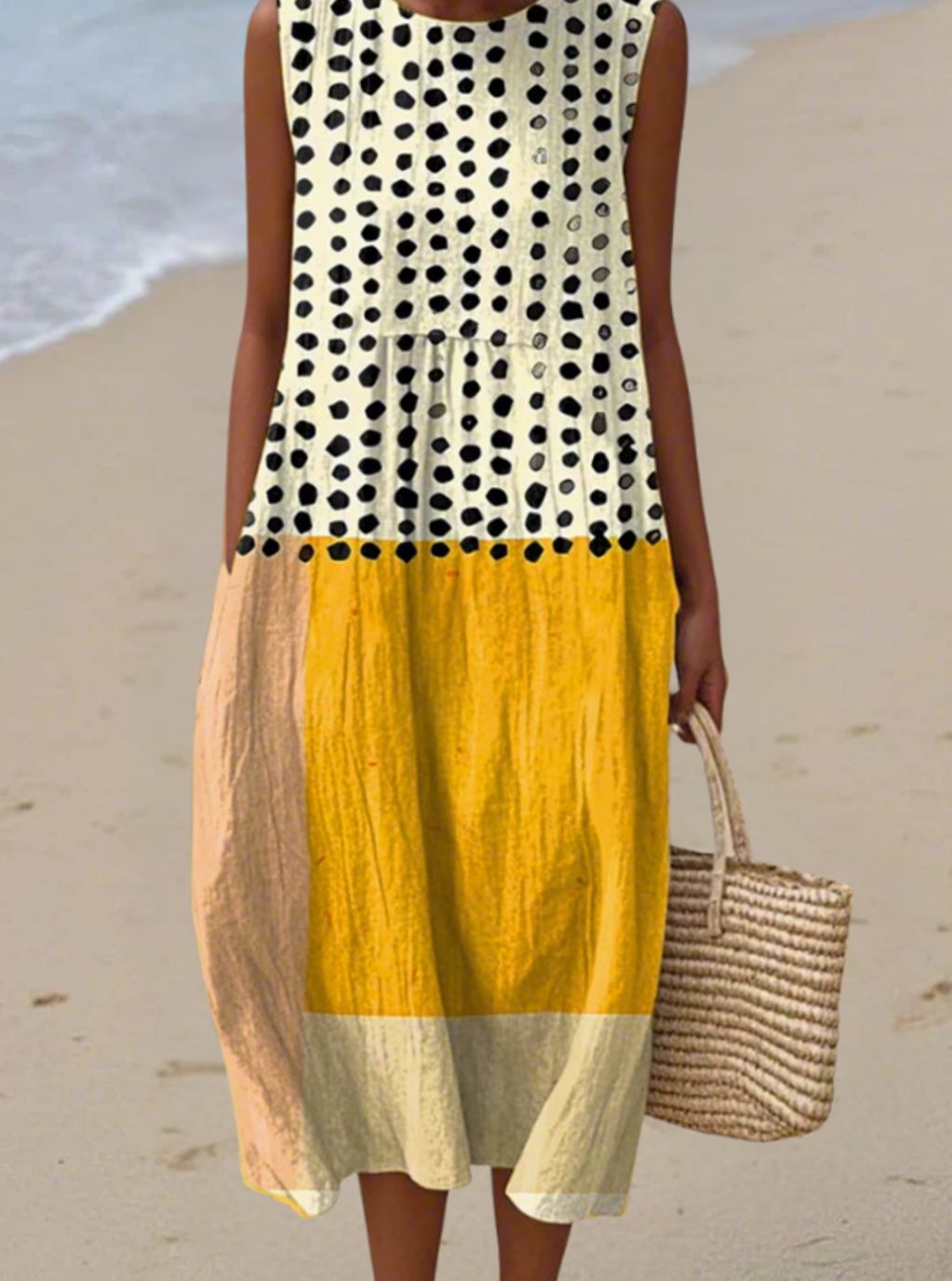Women's Polka Dot Colour Block Midi Sleeveless Dress - Multicolor