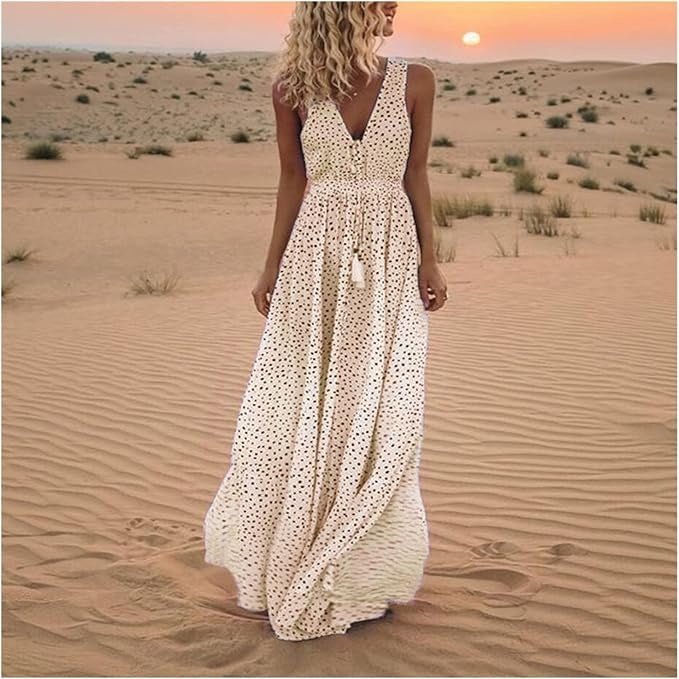 Women's Polka Dot Sleeveless V-Neck Maxi Dresses Flowing Boho - Beige