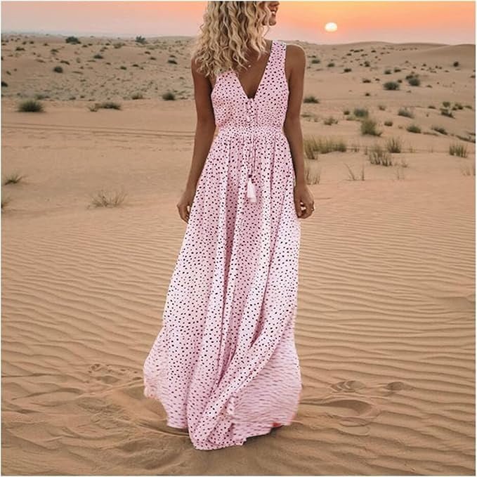 Women's Polka Dot Sleeveless V-Neck Maxi Dresses Flowing Boho - Pink