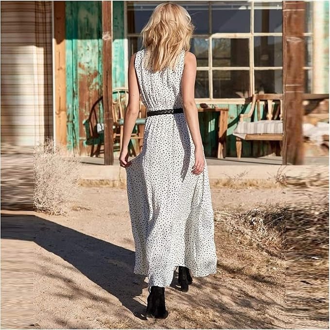 Women's Polka Dot Sleeveless V-Neck Maxi Dresses Flowing Boho