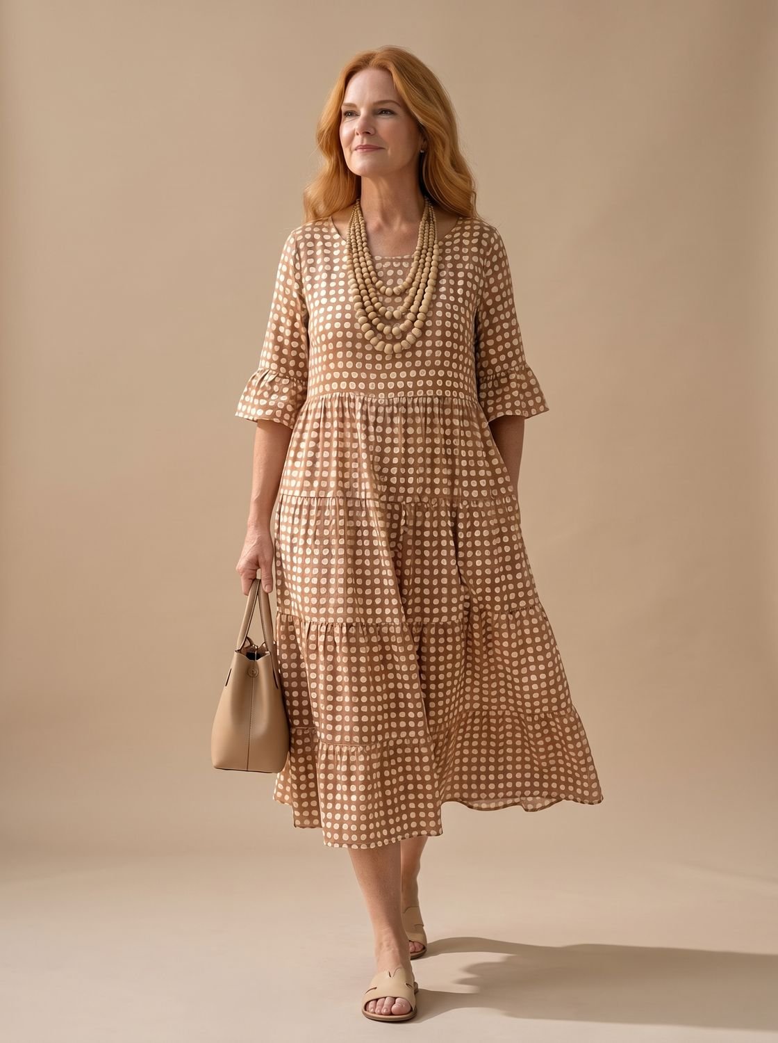 Women's Polka Dot Tiered Short Sleeve Midi Dress - Brown