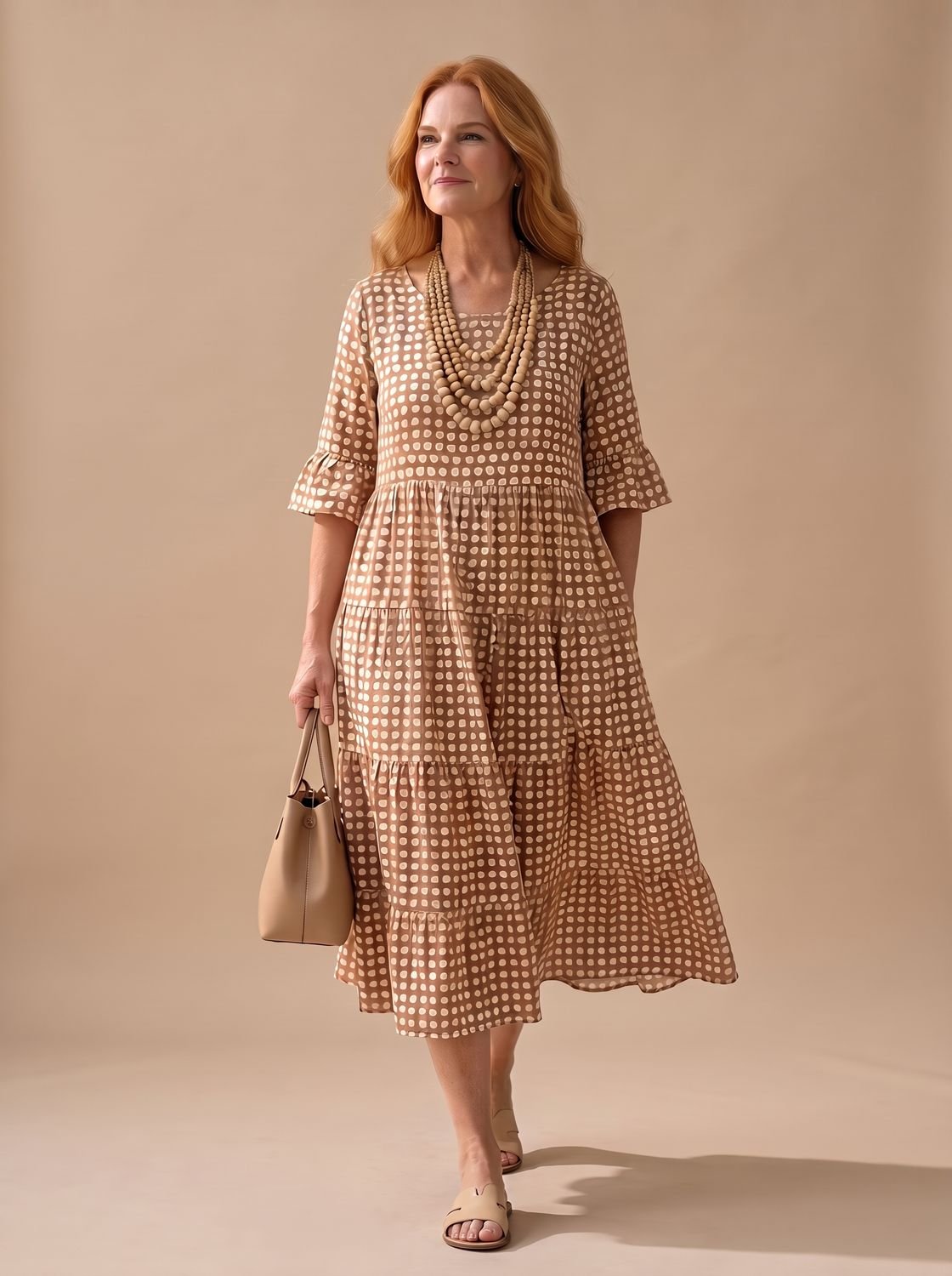 Women's Polka Dot Tiered Short Sleeve Midi Dress