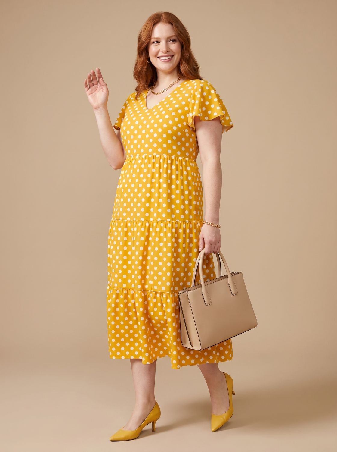 Women's Polka Dot Tiered Short Sleeve Midi Dress
