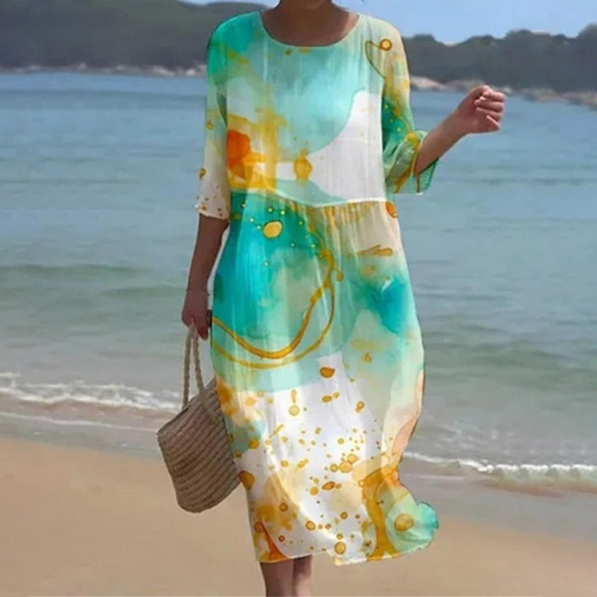 Women's Printed Midi Floral Summer Dress Relaxed Fit - Yellow