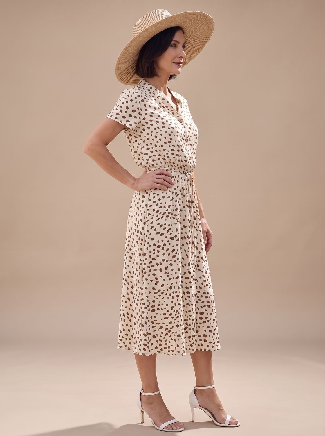 Women's Printed Short-Sleeve Button-Front Belted Midi Dress