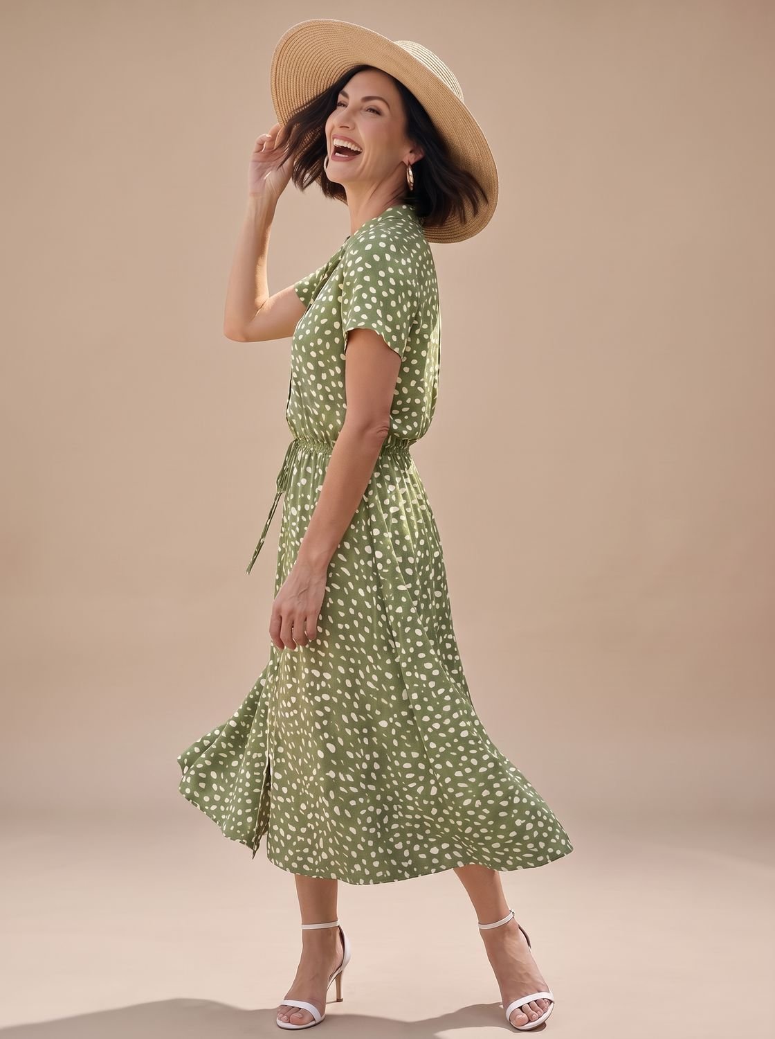 Women's Printed Short-Sleeve Button-Front Belted Midi Dress