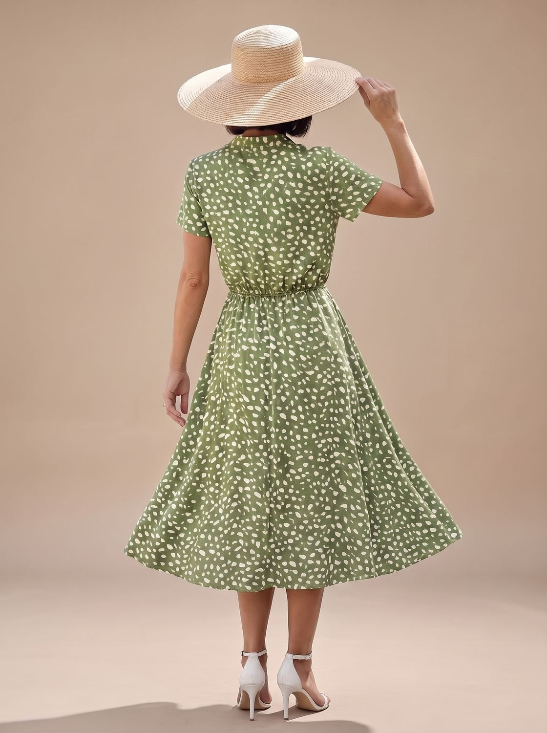 Women's Printed Short-Sleeve Button-Front Belted Midi Dress