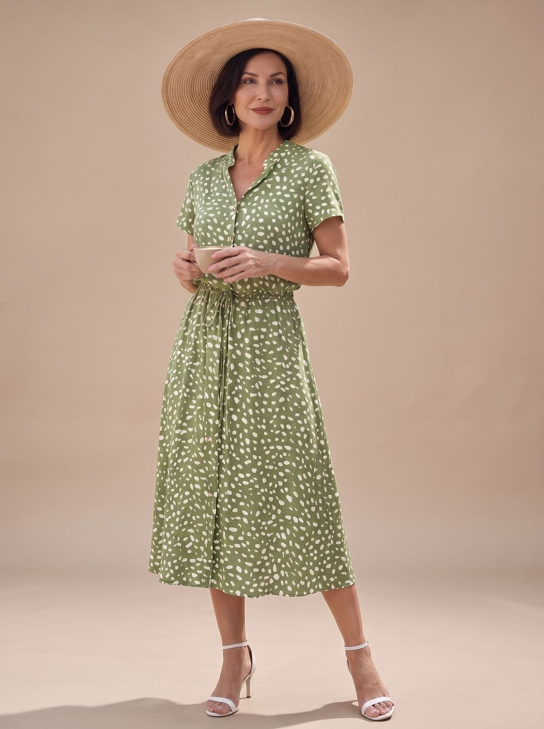 Women's Printed Short-Sleeve Button-Front Belted Midi Dress