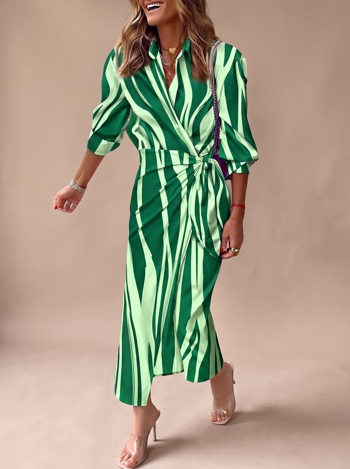 Women's Printed Wrap Midi Dress Collared Long-Sleeve Tie Waist