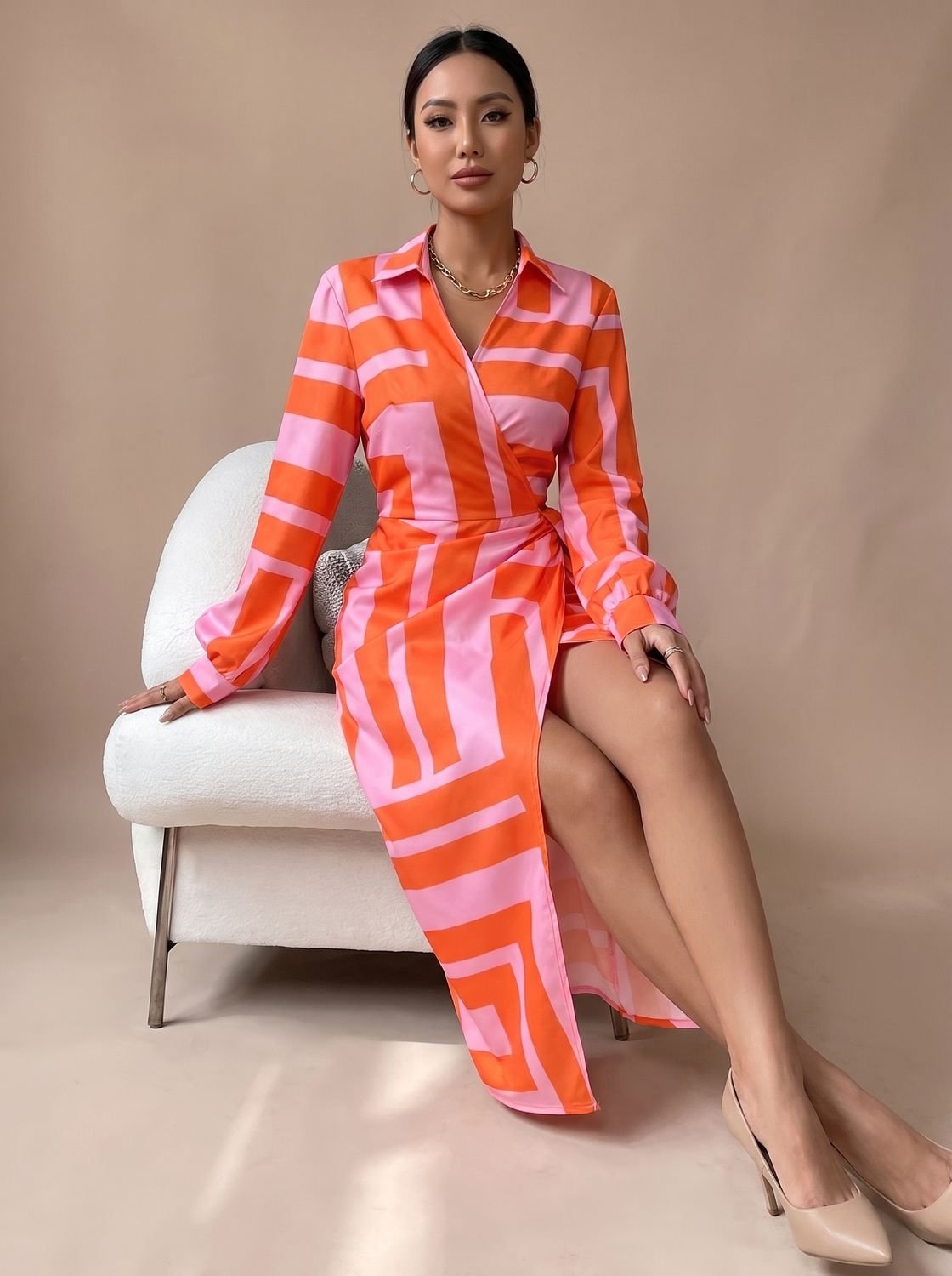 Women's Printed Wrap Midi Dress Collared Long-Sleeve Tie Waist