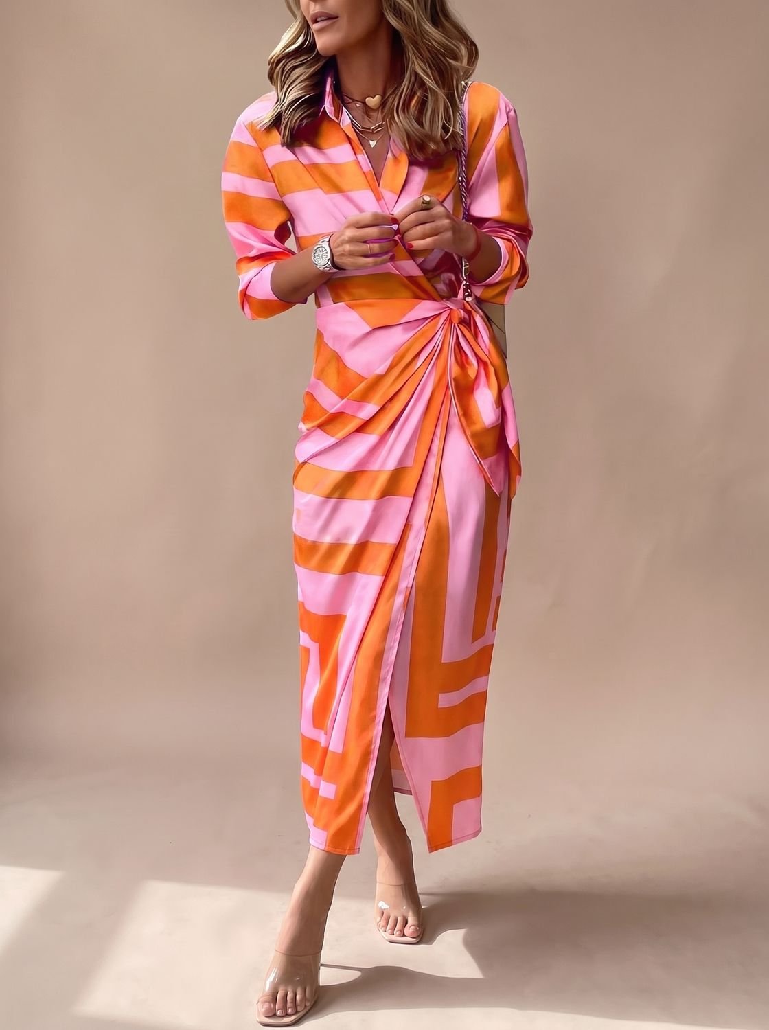 Women's Printed Wrap Midi Dress Collared Long-Sleeve Tie Waist
