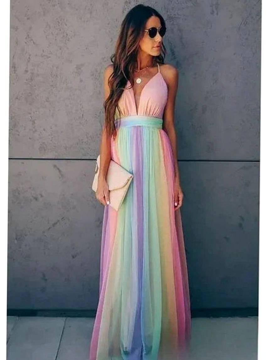 Women's Rainbow Striped Backless Halter Maxi Sundress - Rainbow