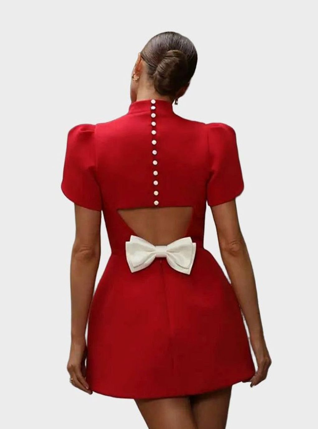Women's Red Puff-Sleeve Mock-Neck Party Mini Dress