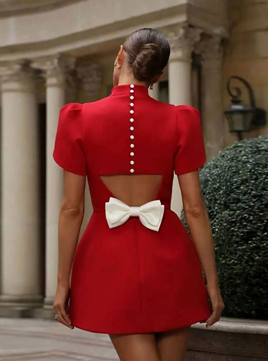 Women's Red Puff-Sleeve Mock-Neck Party Mini Dress