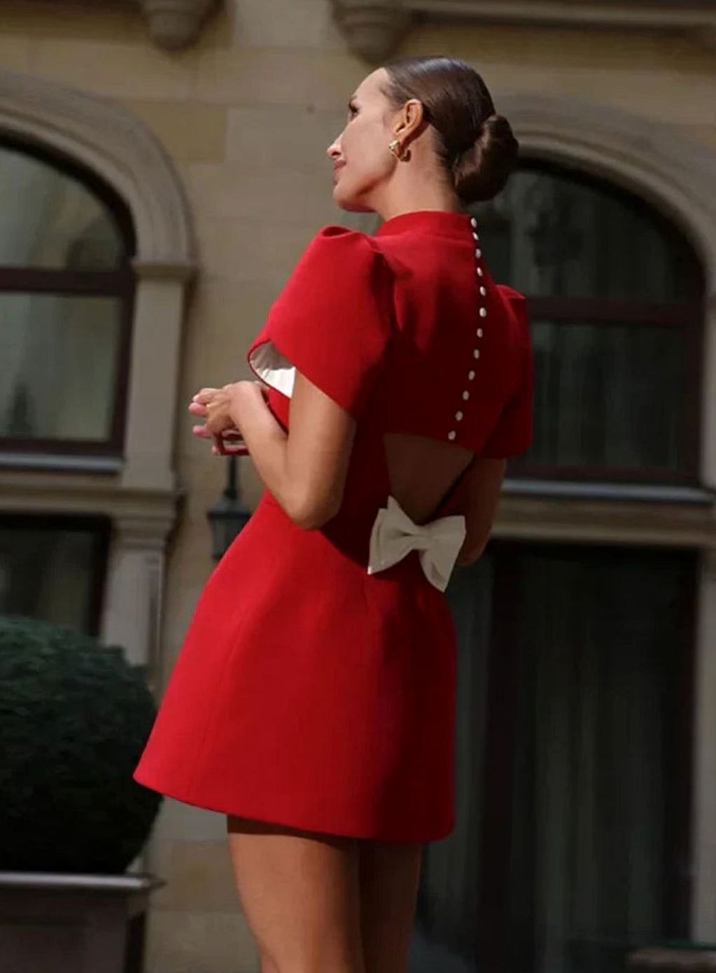 Women's Red Puff-Sleeve Mock-Neck Party Mini Dress