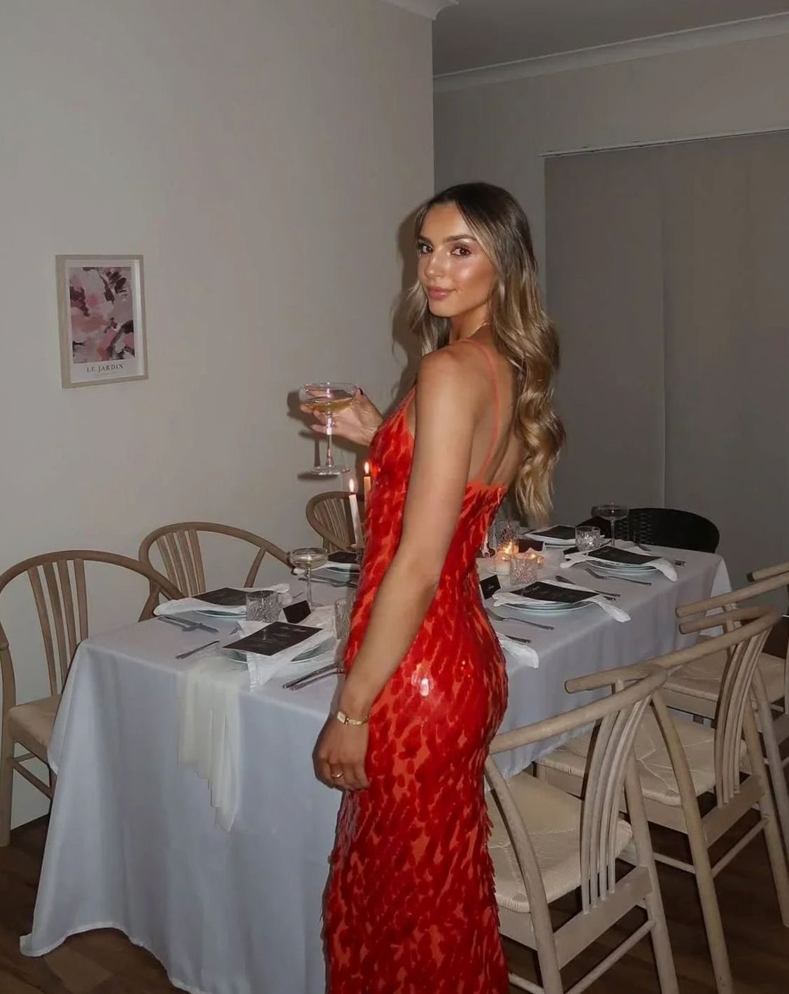 Women's Red Sequin Dress Deep V-Neck Maxi Gown