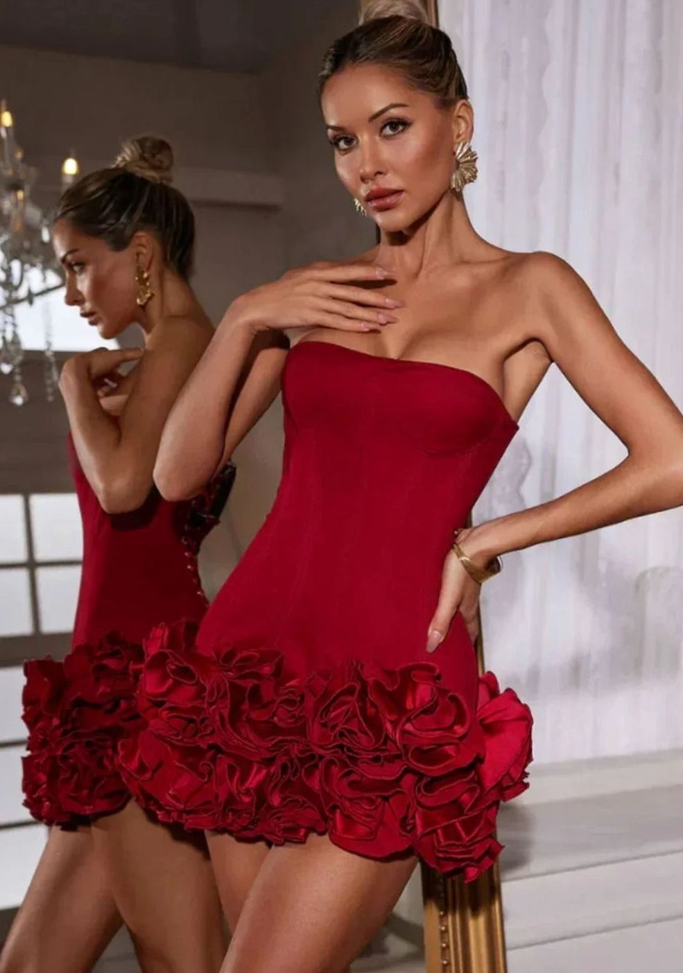 Women's Red Strapless Rosette-Hem Bodycon Mini Dress - Red