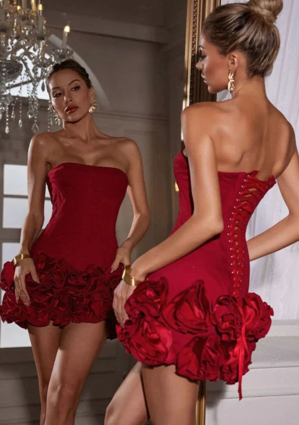 Women's Red Strapless Rosette-Hem Bodycon Mini Dress