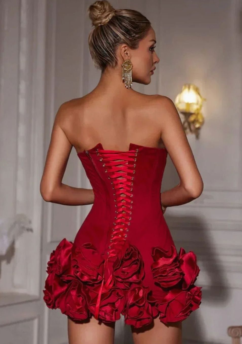 Women's Red Strapless Rosette-Hem Bodycon Mini Dress