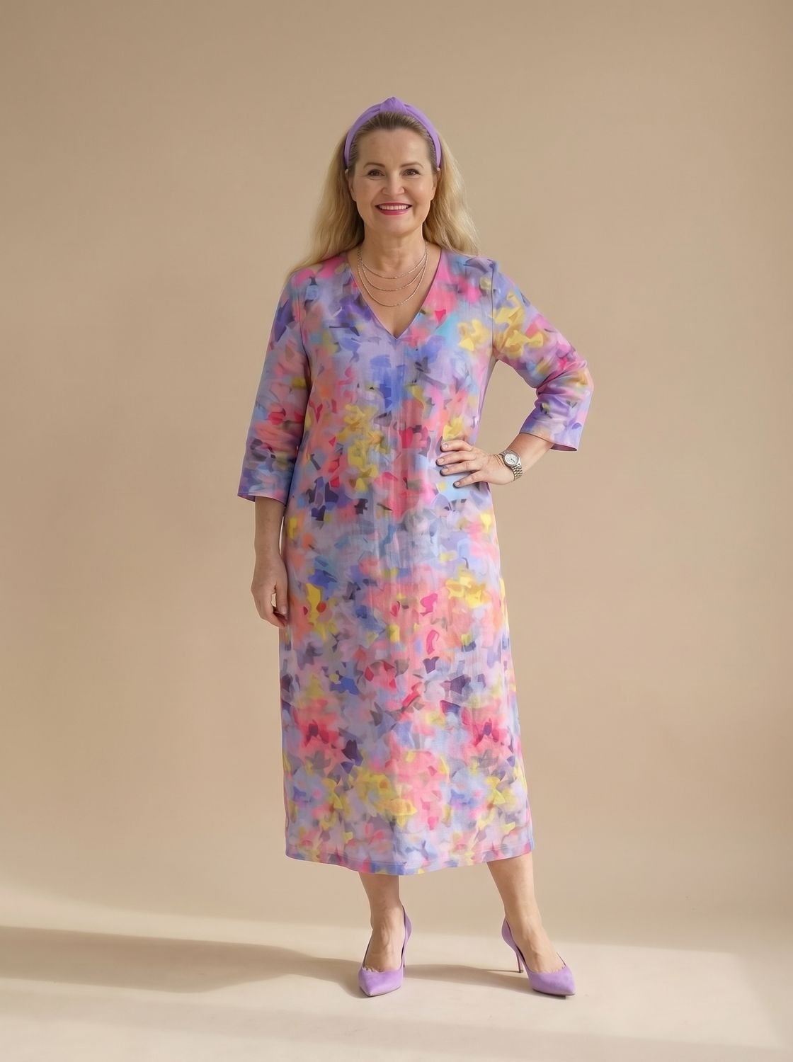 Women's Relaxed-Fit Abstract Floral Midi Dress Three-Quarter Sleeves - Multicolour