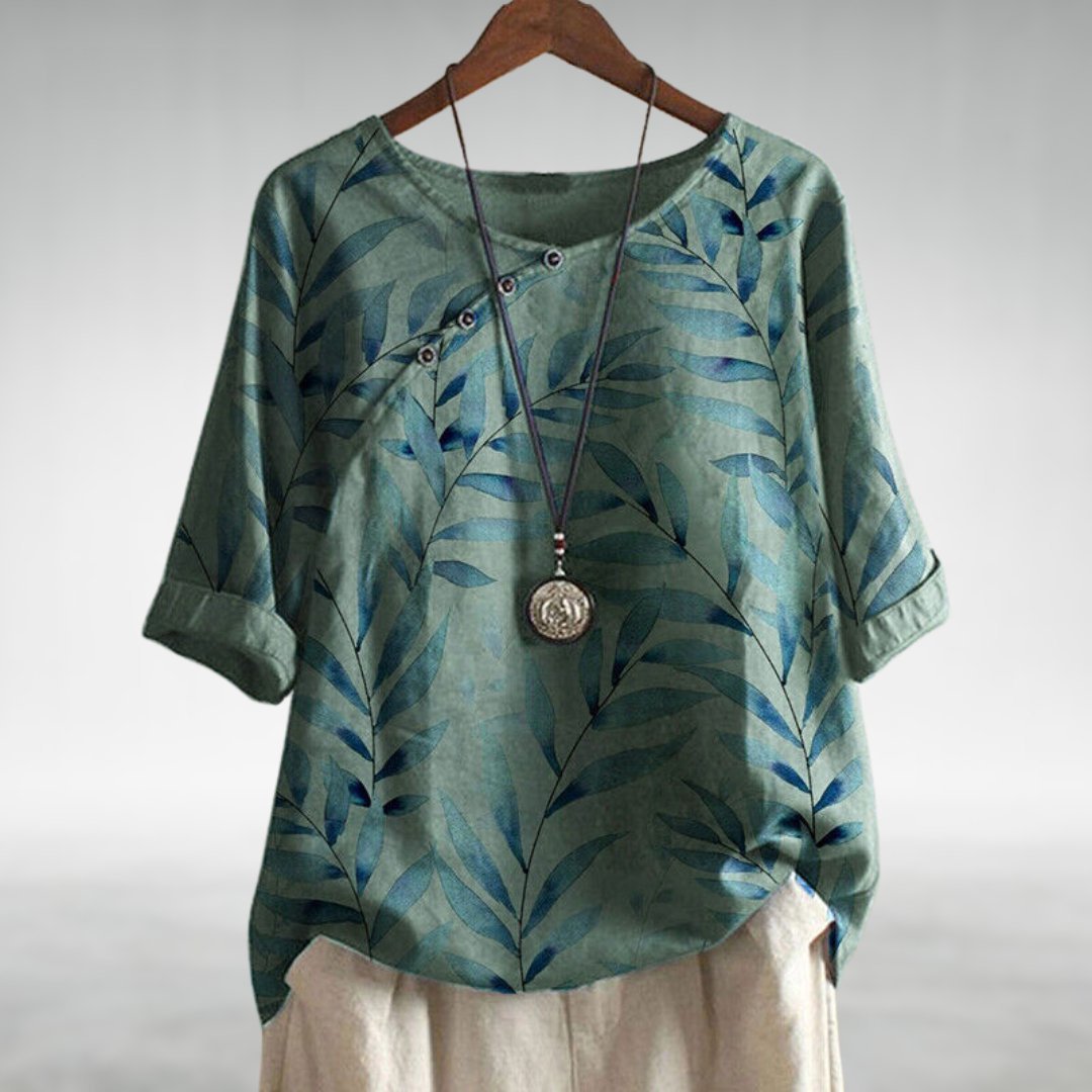 Women's Relaxed-Fit Botanical Print Linen Top - Green