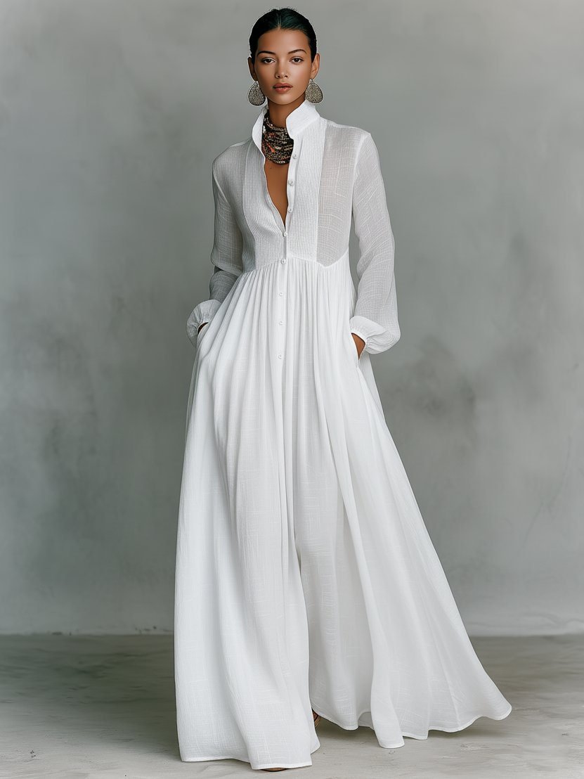 Women's Relaxed-Fit Button-Front Long-Sleeve Linen Maxi Dress