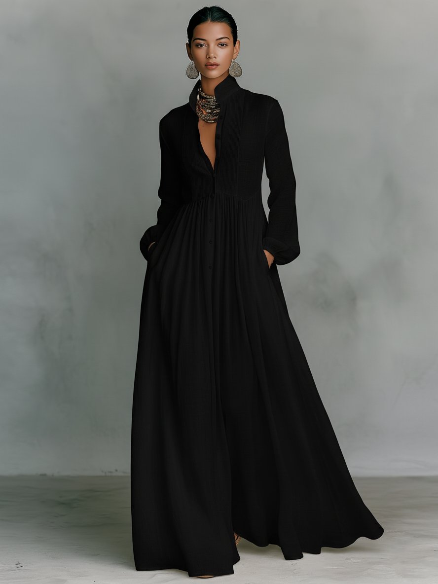 Women's Relaxed-Fit Button-Front Long-Sleeve Linen Maxi Dress - Black