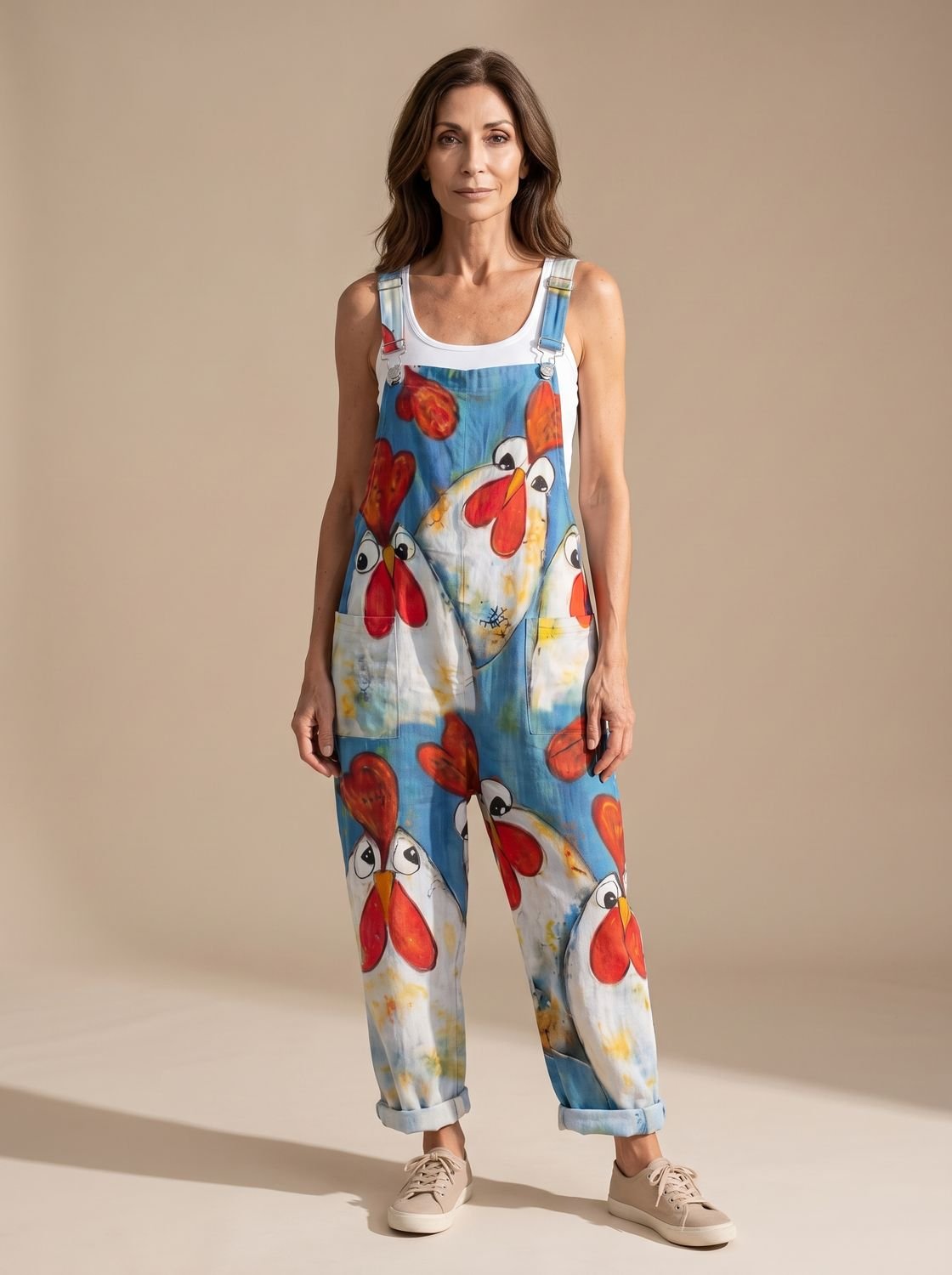 Women's Relaxed-Fit Chicken-Print Sleeveless Dungaree Jumpsuit - Multicolour