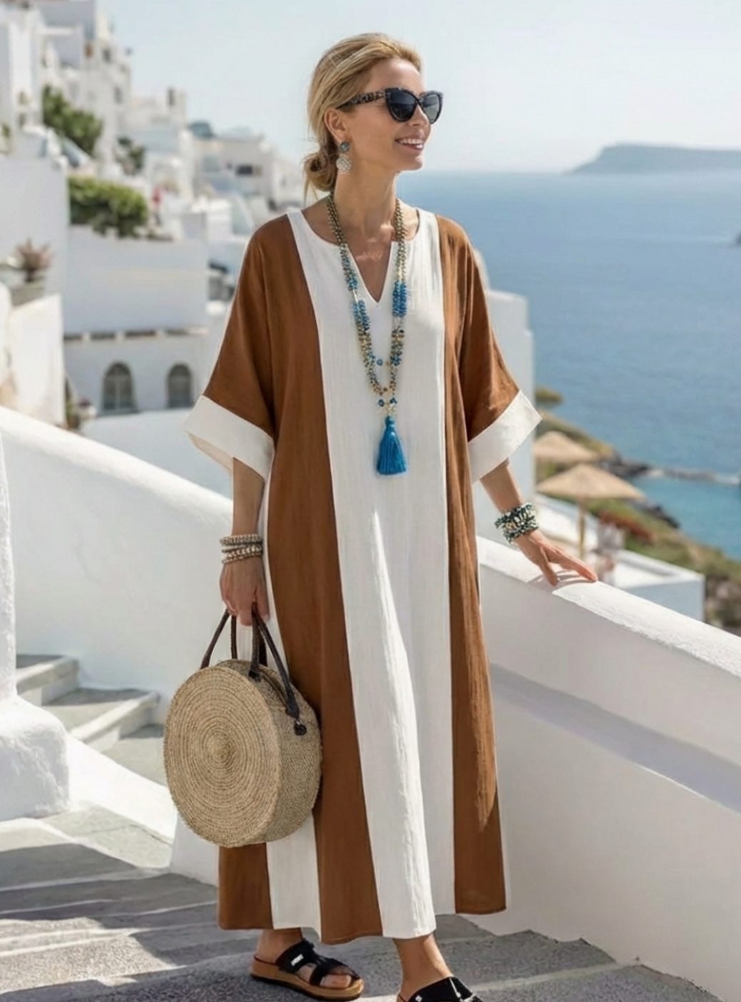 Women's Relaxed-Fit Colour Block Maxi Beach Dress V-Neck - Brown