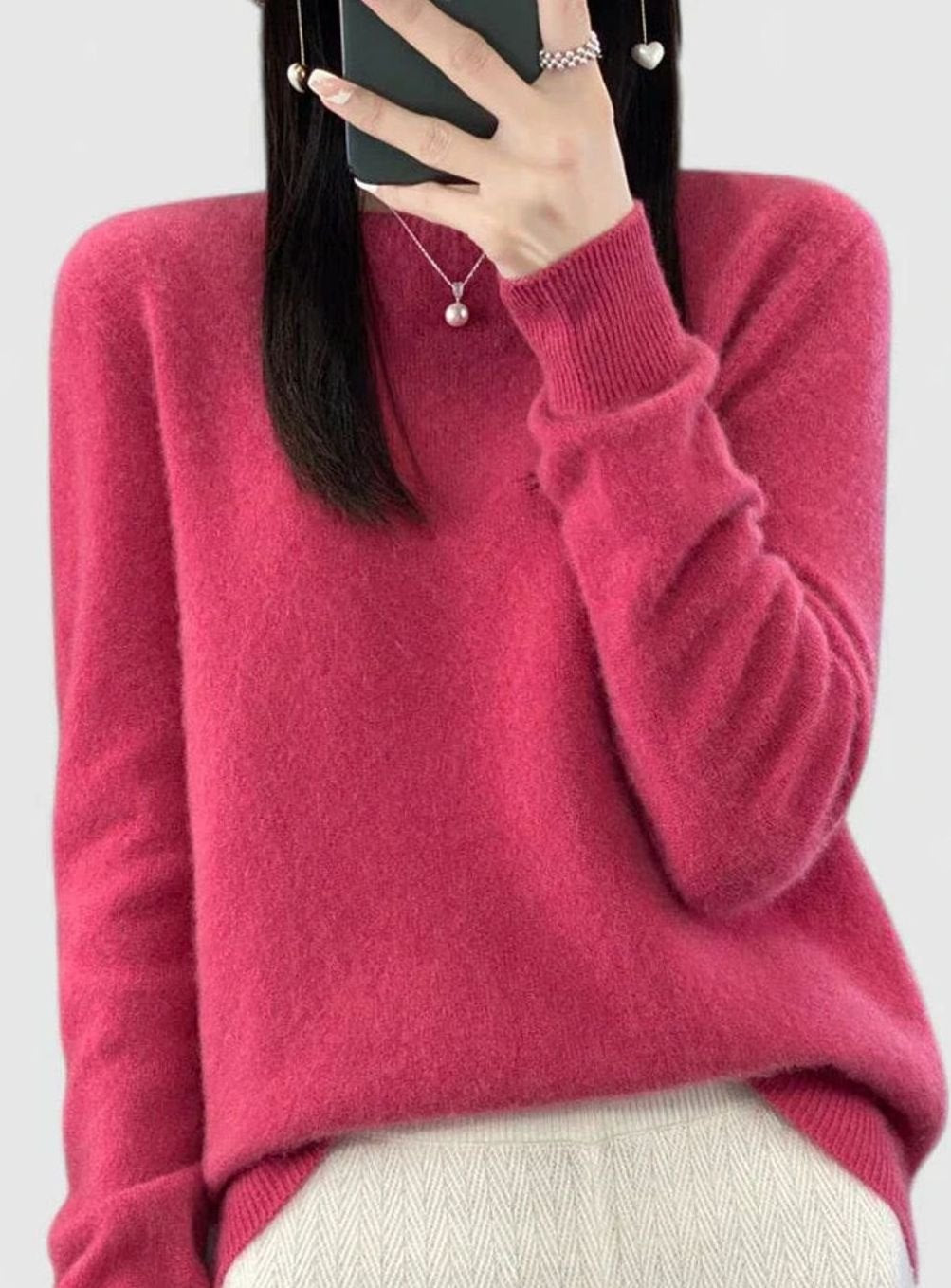 Women's Relaxed-Fit Crew-Neck Knit Lightweight Sweater - Raspberry Red