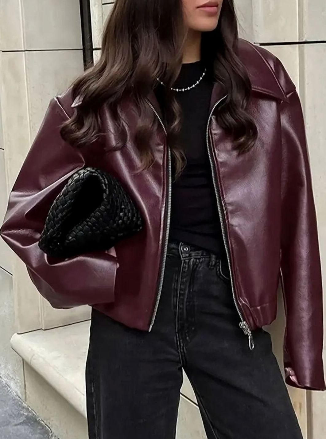 Women's Relaxed-Fit Faux Leather Zip-Up Light Jacket Drop Shoulder - Burgundy