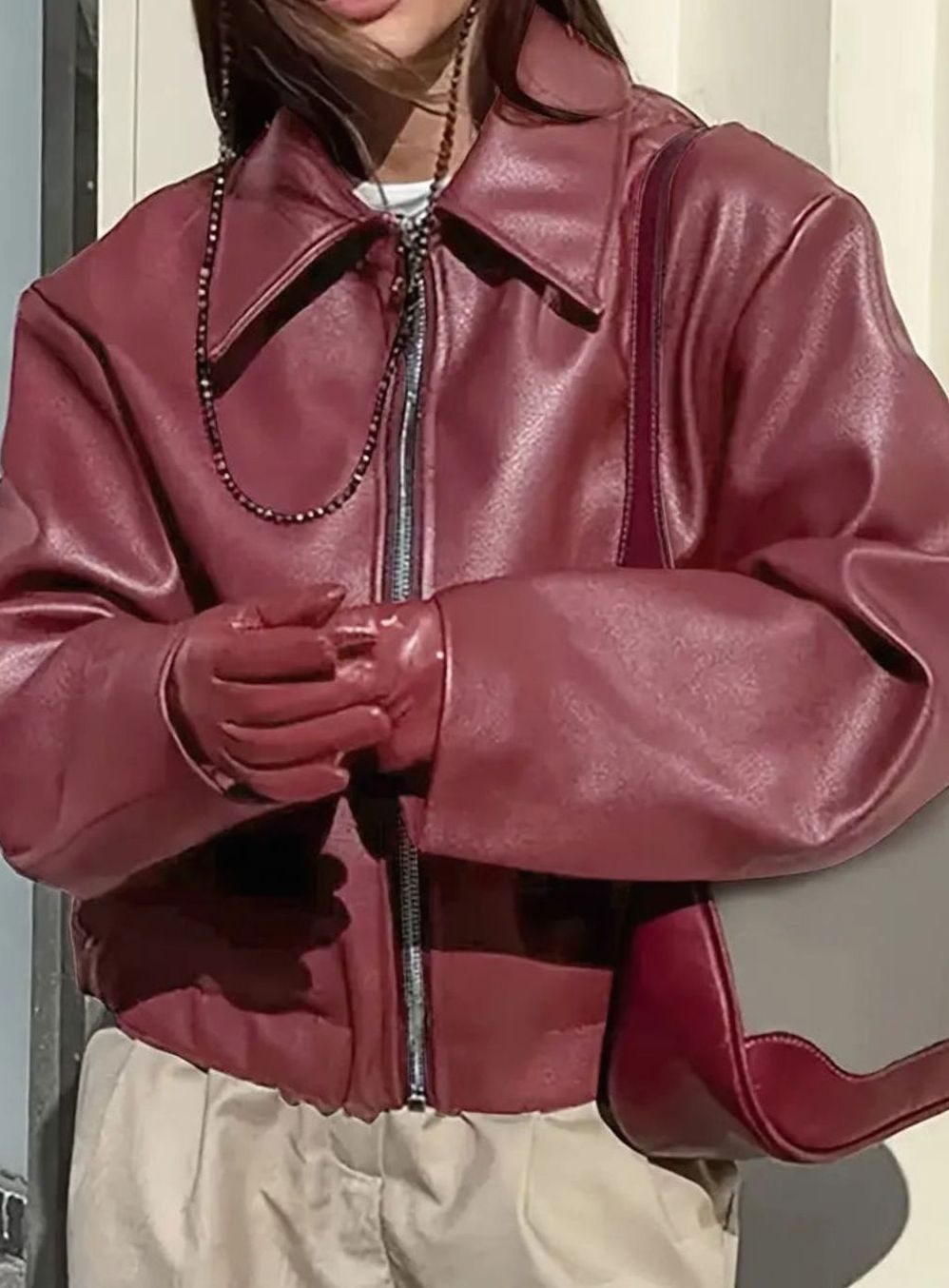 Women's Relaxed-Fit Faux Leather Zip-Up Light Jacket Drop Shoulder