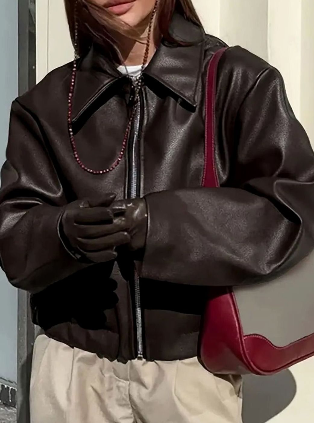 Women's Relaxed-Fit Faux Leather Zip-Up Light Jacket Drop Shoulder