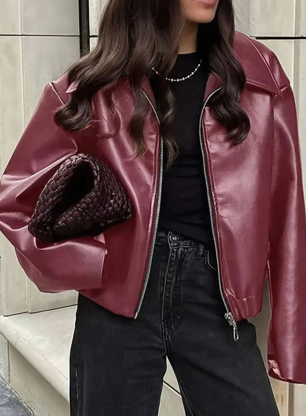 Women's Relaxed-Fit Faux Leather Zip-Up Light Jacket Drop Shoulder - Maroon