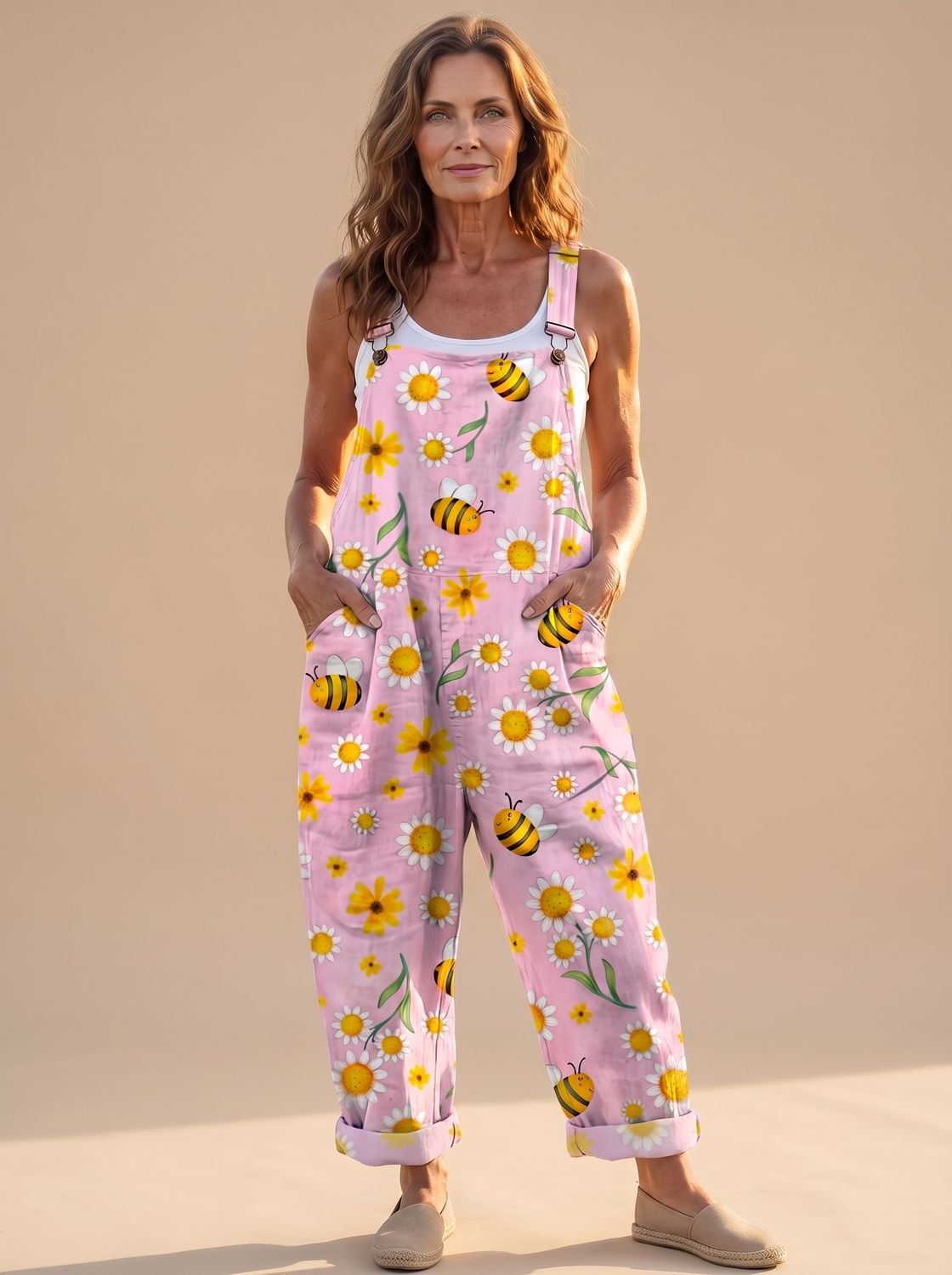 Women's Relaxed-Fit Floral Bee-Print Wide-Leg Overalls Jumpsuit - Pink