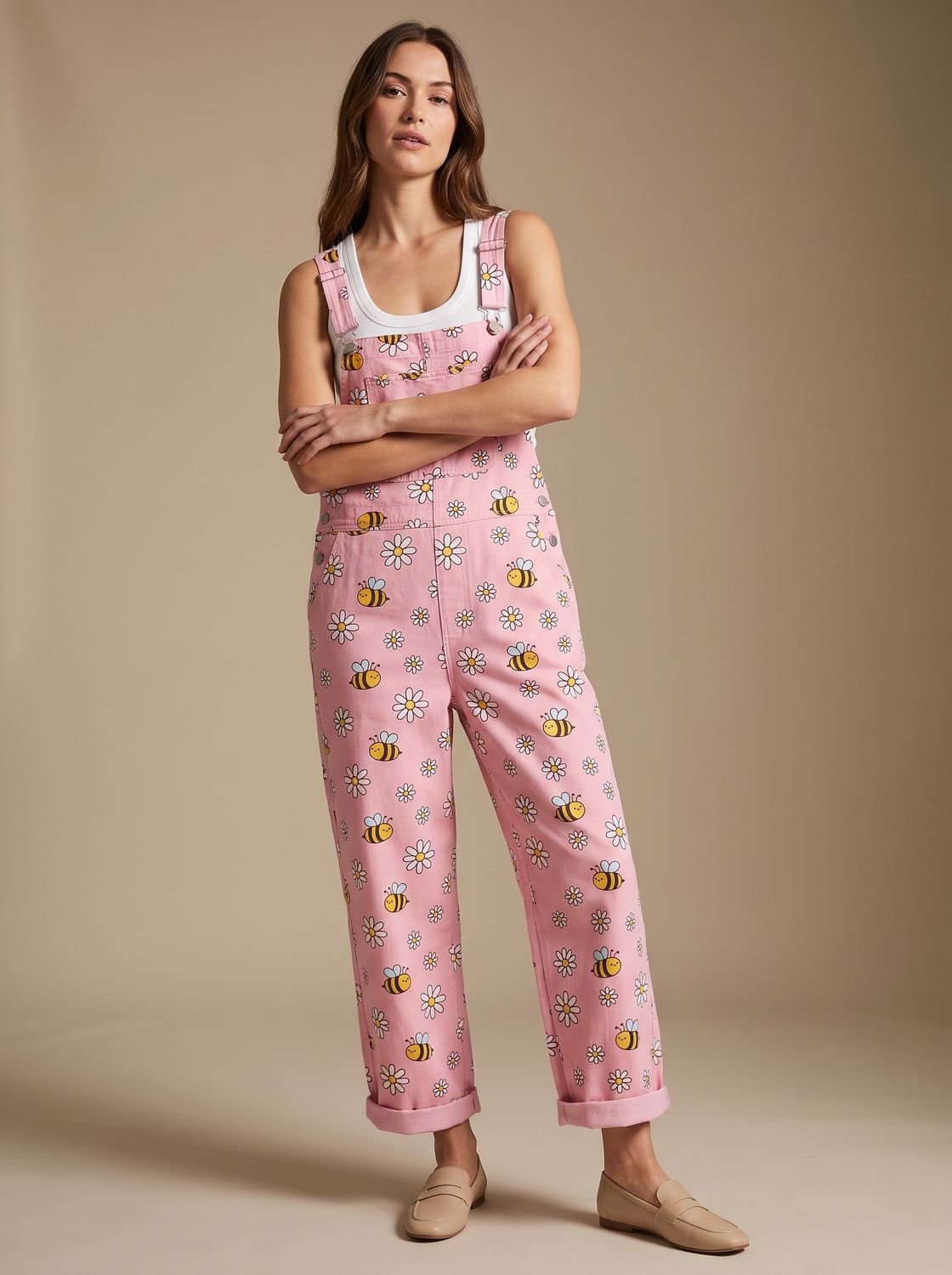 Women's Relaxed-Fit Floral Bee-Print Wide-Leg Overalls Jumpsuit
