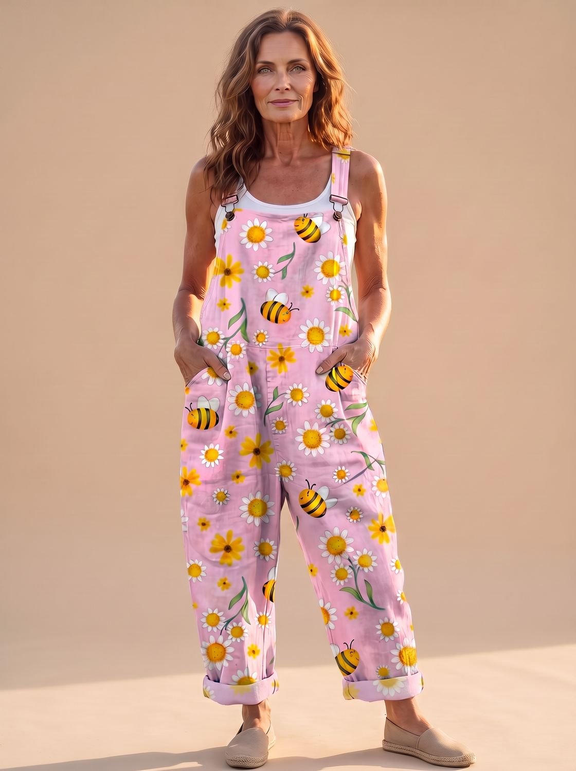 Women's Relaxed-Fit Floral Bee-Print Wide-Leg Overalls Jumpsuit