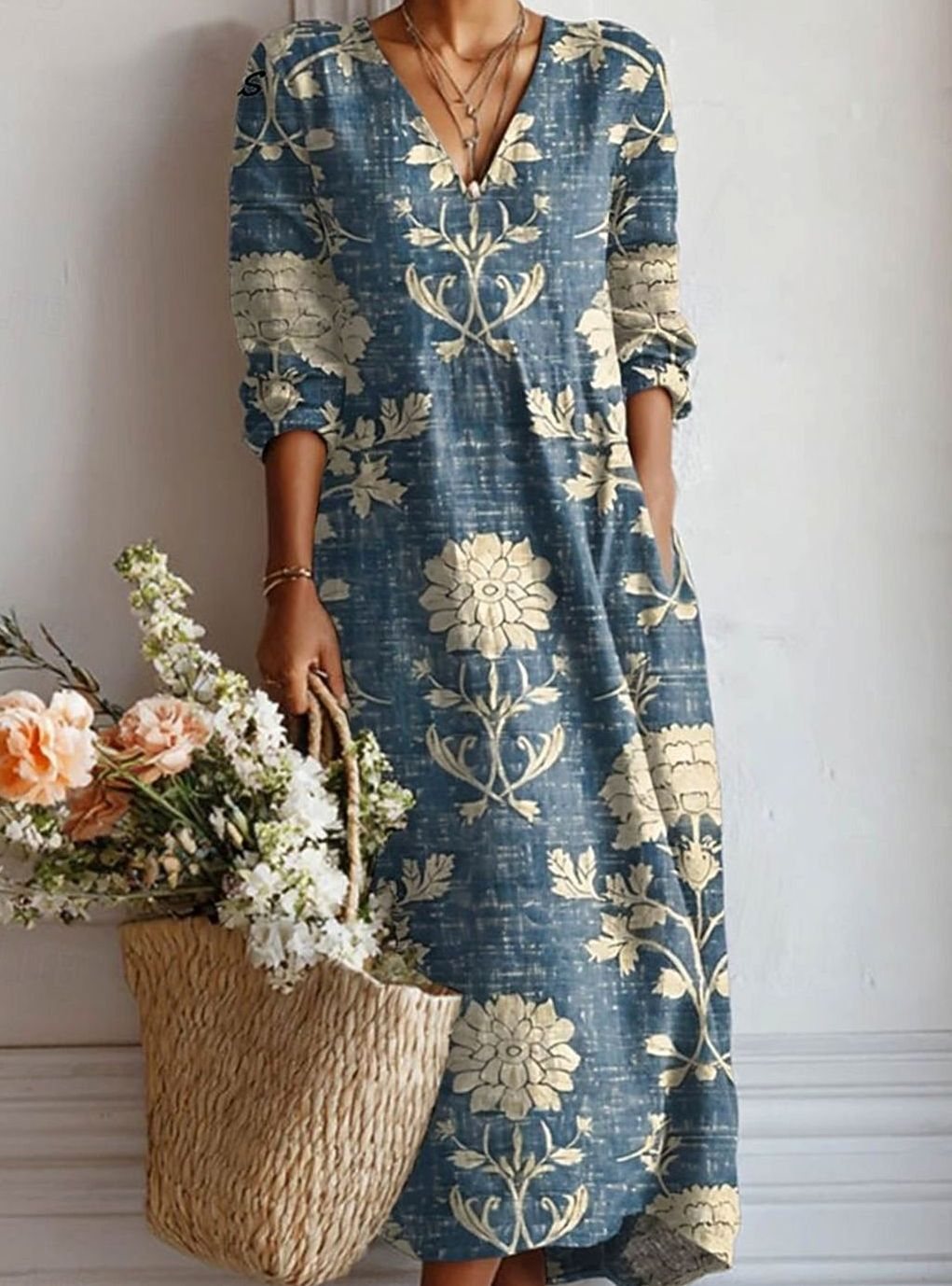 Women's Relaxed-Fit Floral Maxi Day Dress V-Neck Long Sleeve - Blue