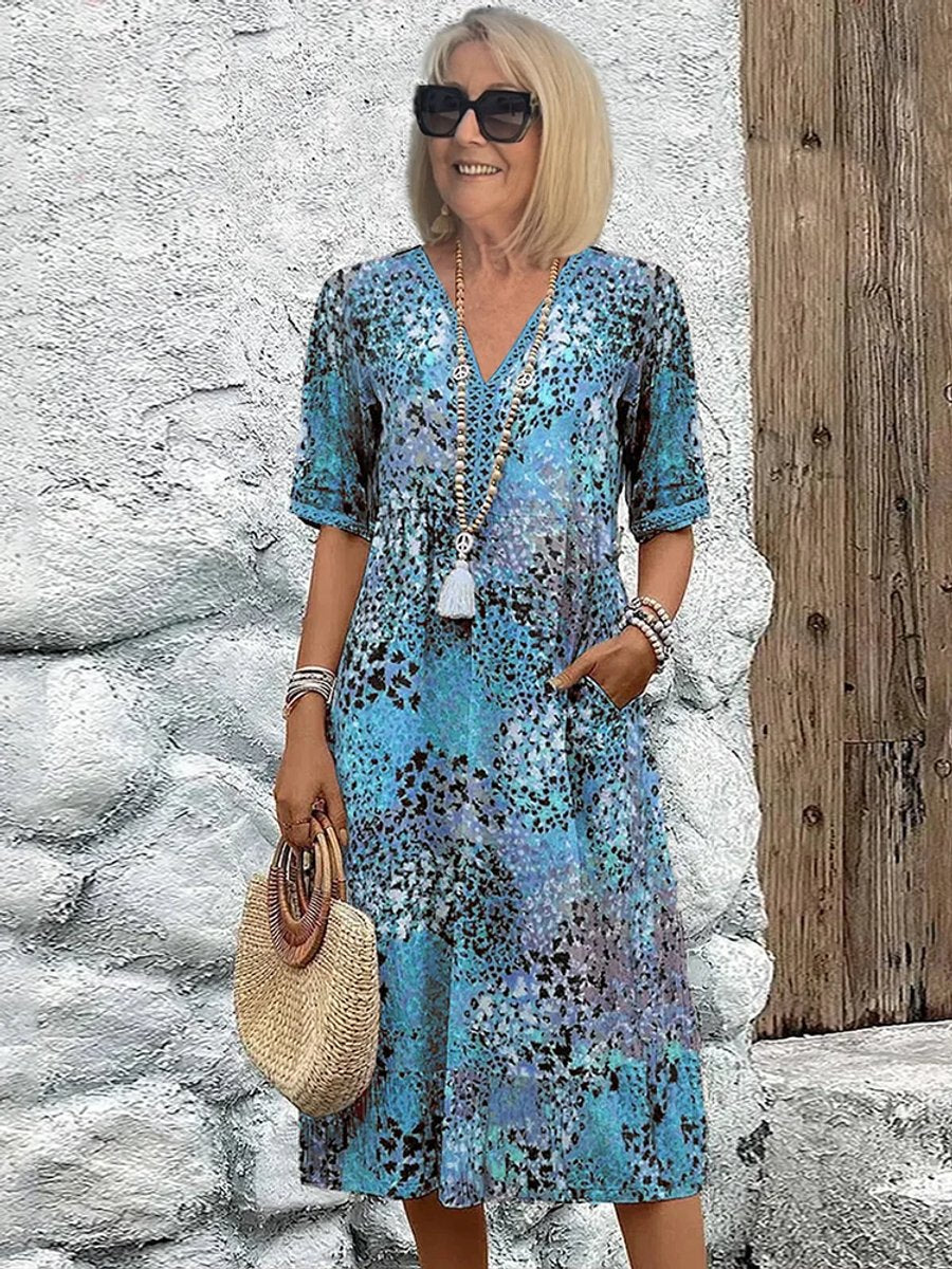 Women's Relaxed-Fit Floral Print V-Neck Midi Dress Pockets - Blue