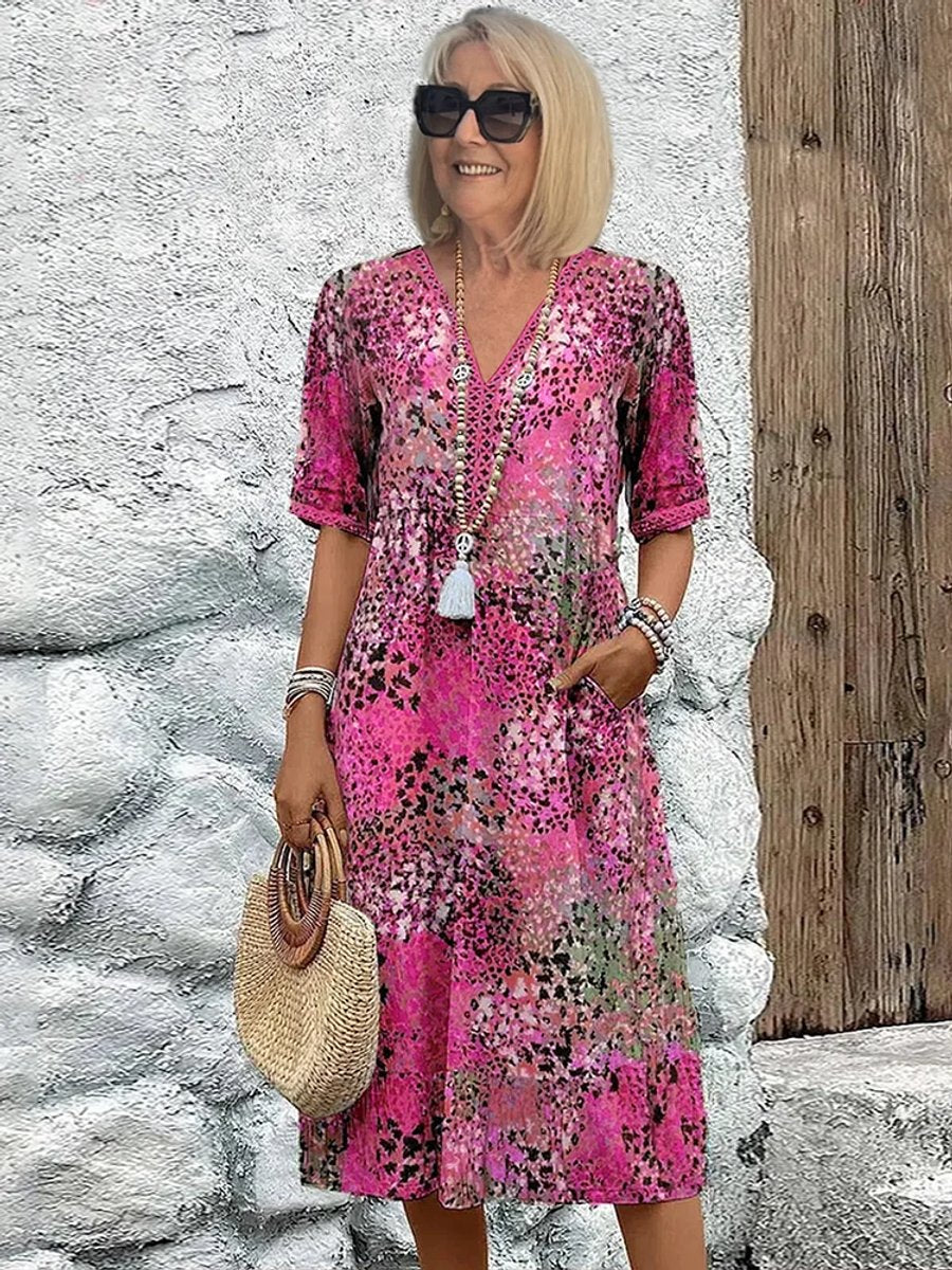 Women's Relaxed-Fit Floral Print V-Neck Midi Dress Pockets - Pink
